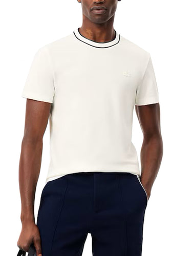 T-shirt Uomo Lacoste - T-Shirt In Piqué Elasticizzato E Colletto A Righe - Bianco