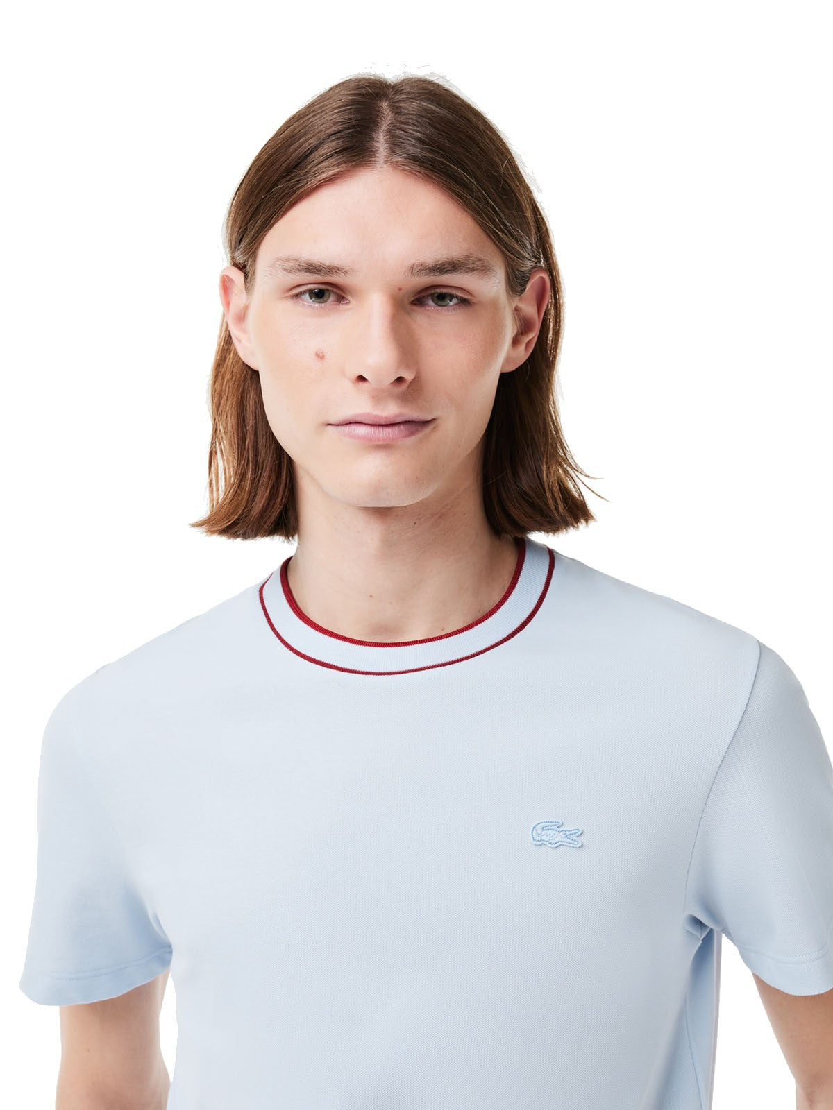 T-shirt Uomo Lacoste - T-Shirt In Piqué Elasticizzato E Colletto A Righe - Celeste