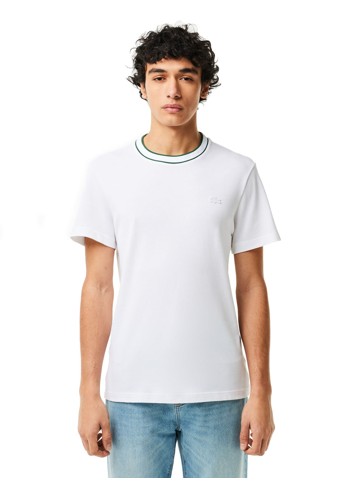T-shirt Uomo Lacoste - T-Shirt In Piqué Elasticizzato E Colletto A Righe - Bianco