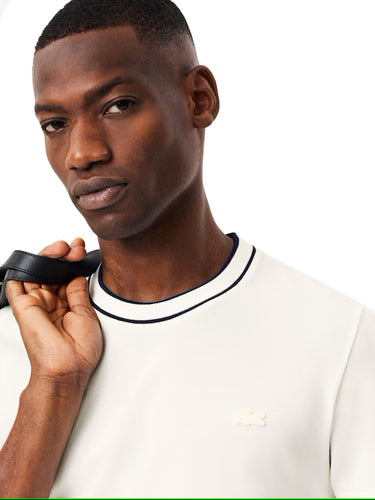 T-shirt Uomo Lacoste - T-Shirt In Piqué Elasticizzato E Colletto A Righe - Bianco
