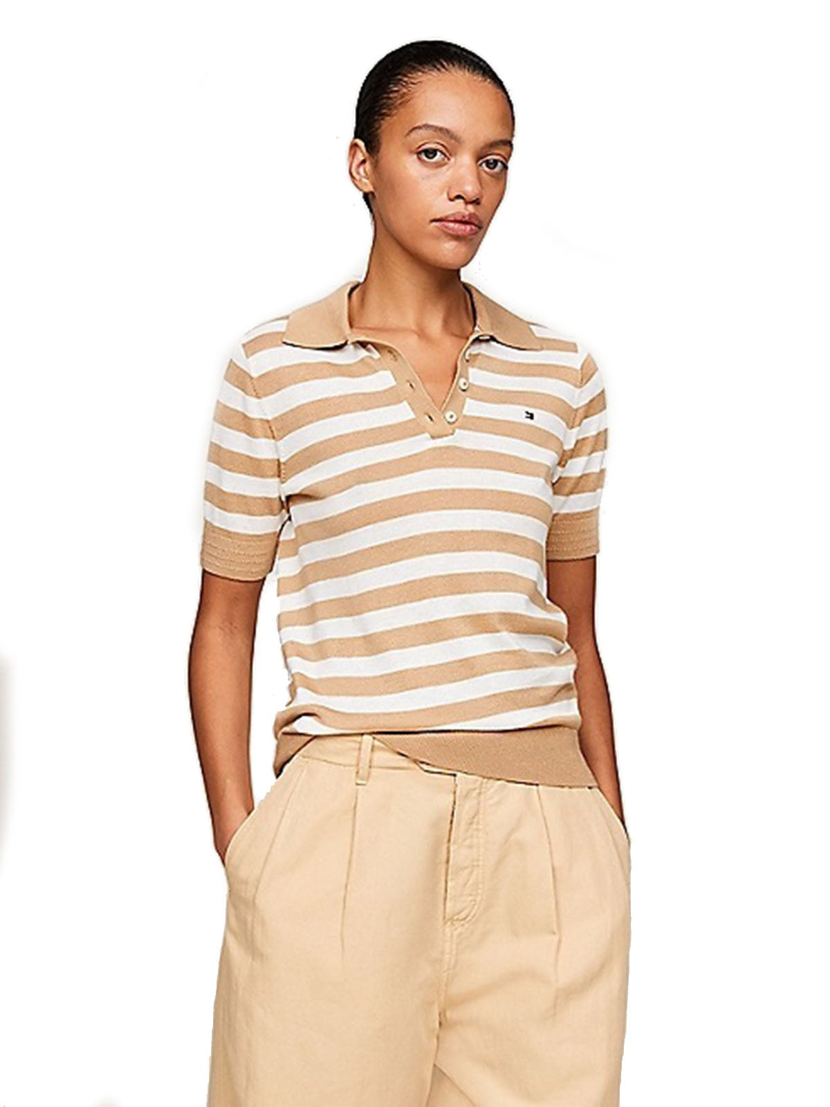 Polo Donna Tommy Hilfiger - Polo Regular Fit In Maglia A Righe - Beige