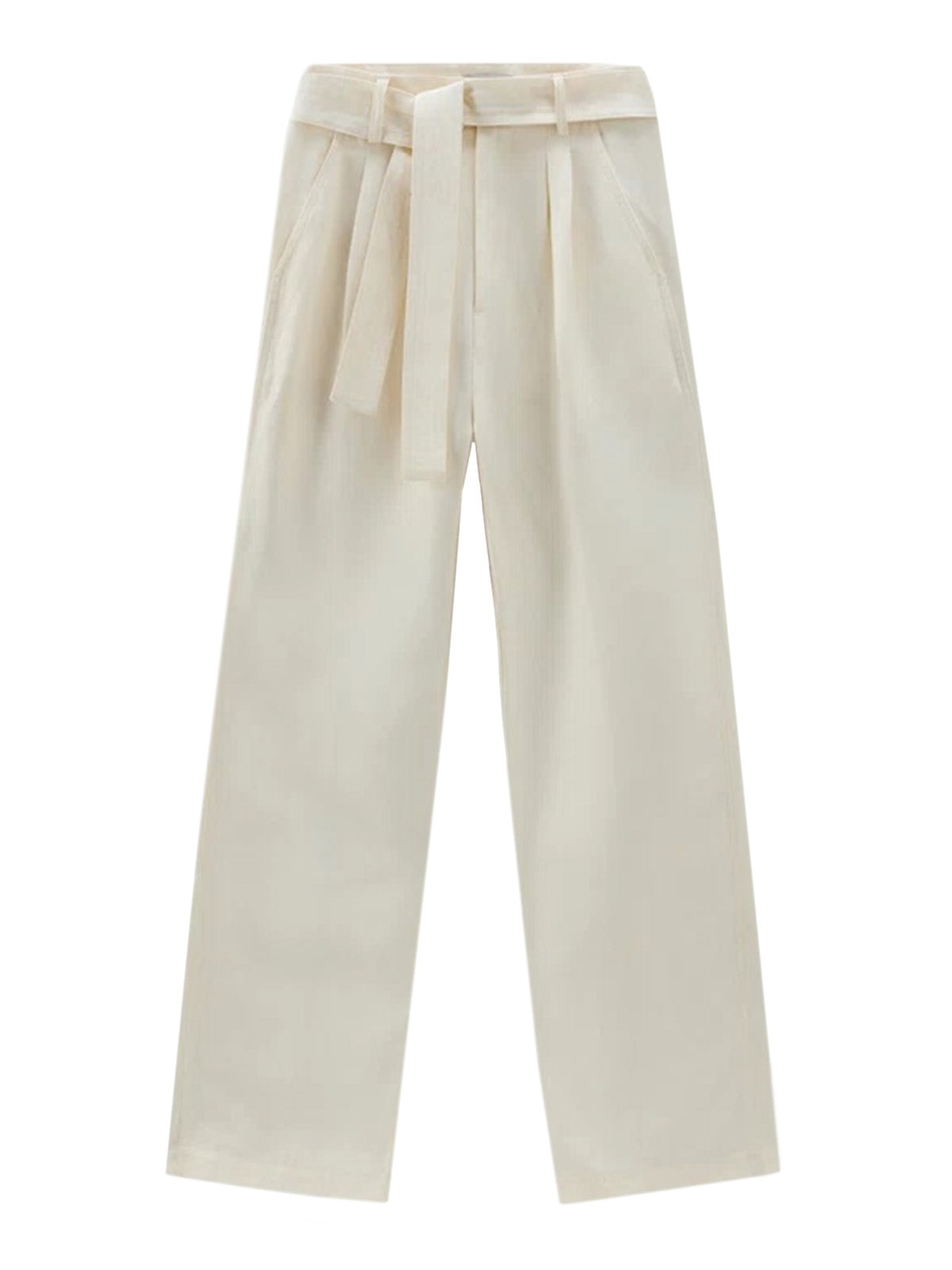 Pantaloni Donna Woolrich - Pantaloni In Misto Lino Con Cintura In Tessuto - Bianco
