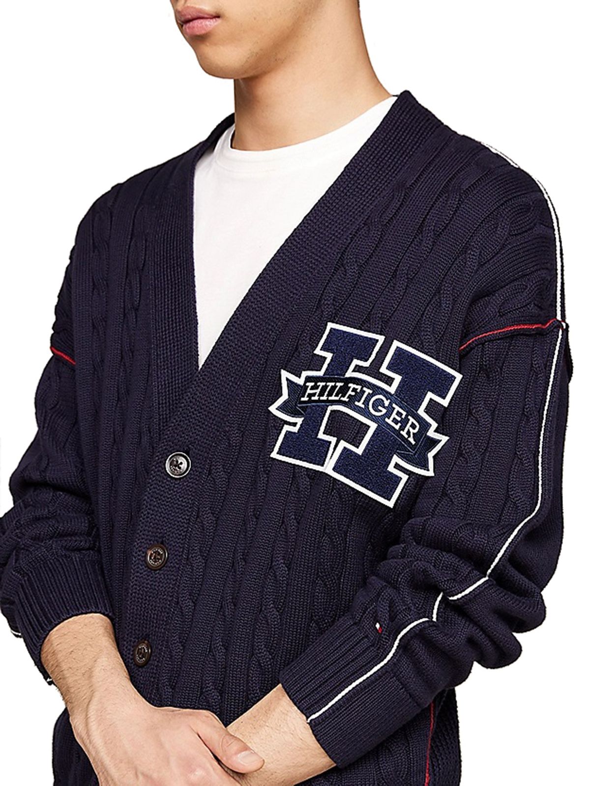 Cardigan Uomo Tommy Hilfiger - Cardigan In Maglia Con Scollatura A V E Logo - Blu