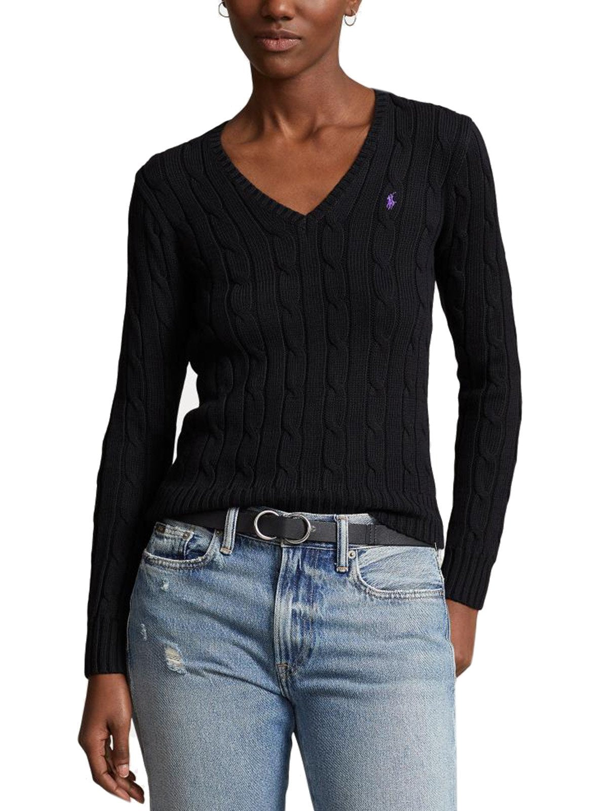 Maglioni Donna Ralph Lauren - Kimberly Cable-Knit V-Neck Cotton Sweater - Nero
