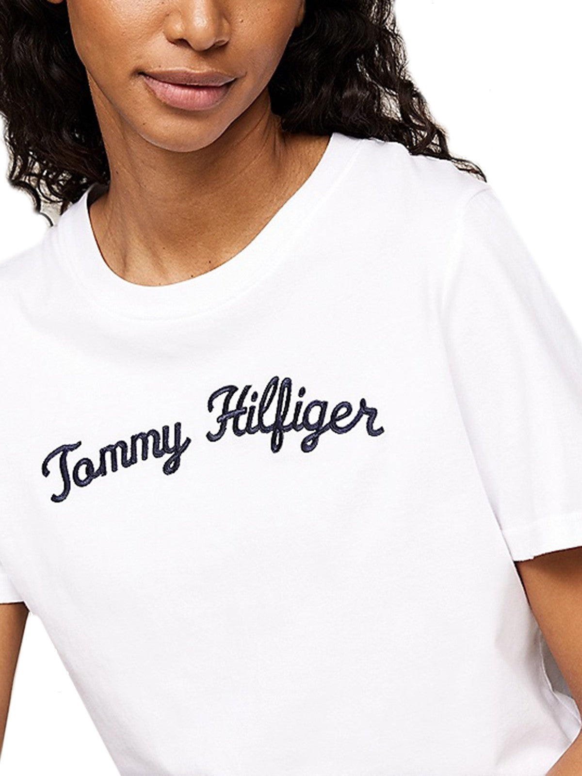 T-shirt Donna Tommy Hilfiger - T-Shirt Con Logo In Corsivo Ricamato - Bianco